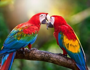 Obraz premium Colorful of Greenwinged Macaw aviary, sitting on the log