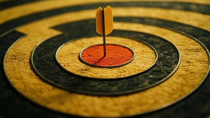 Close-Up Red Dart Hitting Bullseye on Dartboard in Dimly Lit Room.