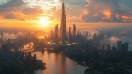 Naklejka premium The skyline showcases a towering skyscraper illuminated by sunset hues, surrounded by modern buildings, with a river flowing, reflecting the stunning colors of the sky and clouds.