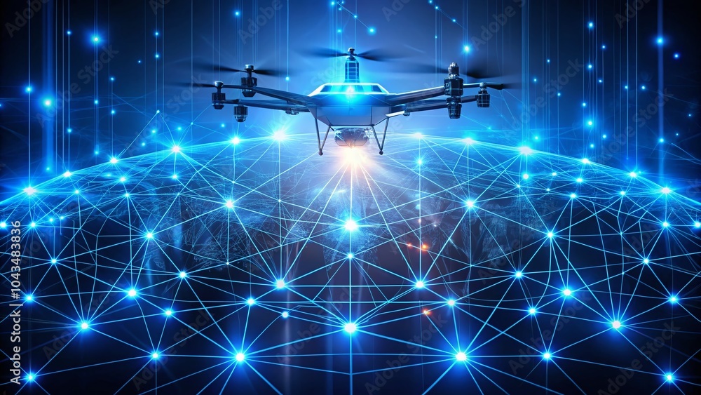 Poster abstract futuristic technology with geometric light drops and networking lines in dark blue backgrou