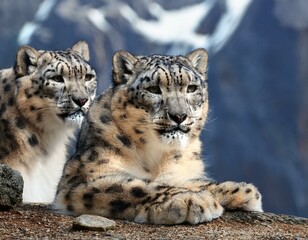 Portrait of nice snow leopard on the rock