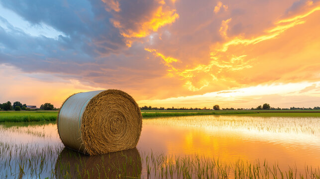 Large Hay Bale in Flooded Field After Rain