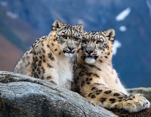 Fototapeta premium Portrait of nice snow leopard on the rock