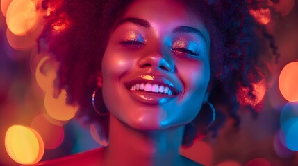 Obraz premium Joyous Black Woman Embracing Vibrant Nightlife with Infectious Smile and Radiant Energy