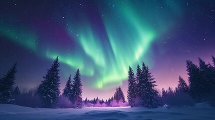 Naklejka premium Aurora Borealis Over a Snowy Forest Landscape Under a Starry Winter Sky