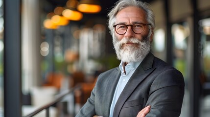 Fototapeta premium Weathered Businessman Exuding Wisdom and Authority in Corporate Environment