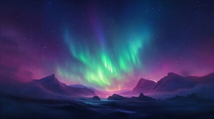 Obraz premium Colorful Aurora Borealis Over Misty Mountain Landscape Under a Starry Night Sky