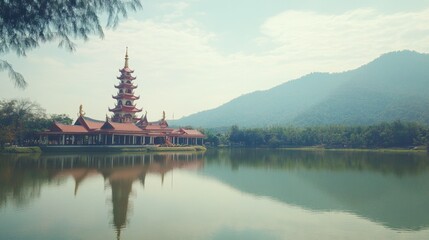Obraz premium Serene Pagoda Reflected in Calm Water Landscape