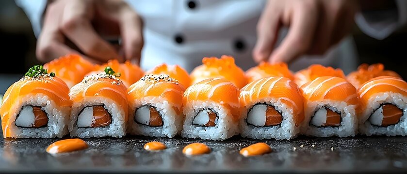 A close-up of expertly crafted sushi rolls, featuring vibrant orange salmon and delicate rice, showcasing the skill of a culinary artist in a professional kitchen.