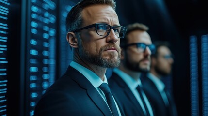Three professionals in suits stand vigilant in a high-tech data center illuminated by screens