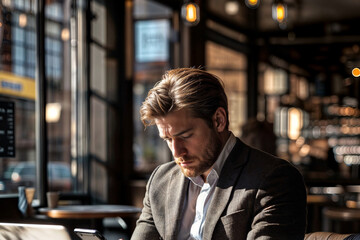 Fototapeta premium executive with a worried look in a coffee shop using his smartphone
