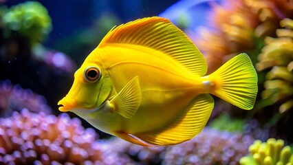 Bright yellow tang fish swimming in coral reef aquarium underwater photography