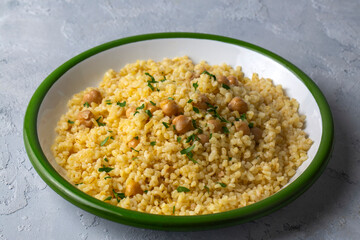 Traditional delicious Turkish food; bulgur pilaf with chickpea (Turkish name; nohutlu bulgur pilavi)