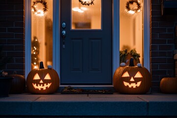 Obraz premium suburban american house front porch decorated with minimalist Halloween elements like sleek carved jack o lantern pumpkins and subtle lighting, captured clean and elegant style with ample copy space