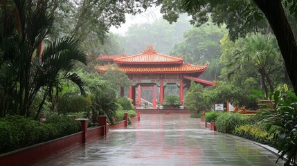 Fototapeta premium Serene Temple in Rainy Landscape