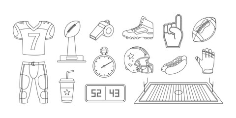 American football coloring page. Outline set with jersey, pants, prize, ball, whistle, stopwatch, scoreboard, boots, helmet, foam fingers, field, hot dog, drink and gloves. Coloring book for print