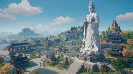 Obraz premium Serene Landscape with Giant Statue of Bodhisattva