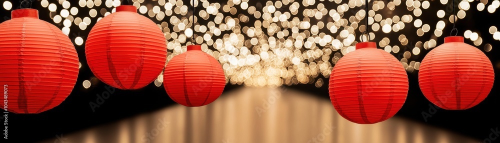 Poster a serene scene featuring vibrant red lanterns suspended against a backdrop of twinkling lights, crea
