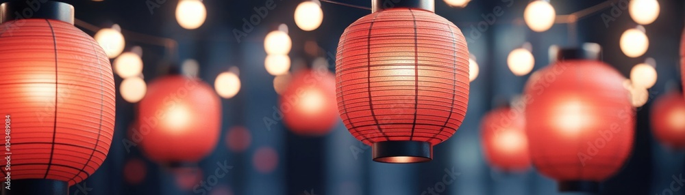 Poster a vibrant display of red lanterns glowing warmly in a festive setting, creating an inviting and chee