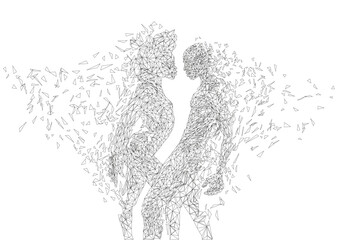 Contemporary dance african couple in Low poly art, white background, shapes, geometric