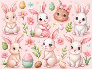 Obraz premium Adorable Pink Bunny Clipart Collection for Creative Projects and Celebrations