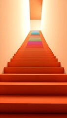 Vibrant orange staircase leading to a brightly lit hallway with colorful rugs in a modern architectural space. Generative AI