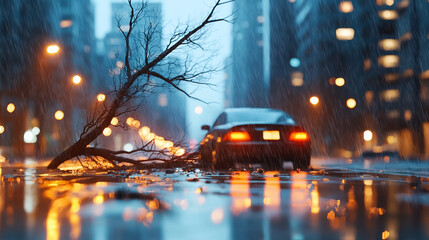 Fallen Tree Blocks Car on Rainy Urban Street