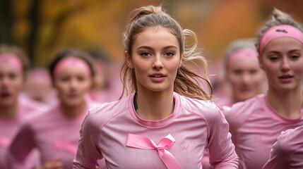 A group of women in pink workout gear, each wearing a ribbon, taking part in a charity run to raise awareness.