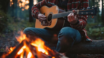 Fototapeta premium A singer-songwriter strumming an acoustic guitar by a campfire.