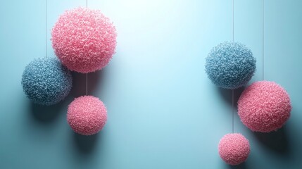 Pink and blue fuzzy balls hanging from a blue background