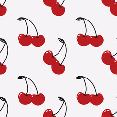 Seamless pattern with red cherry. Cartoon fruit in retro style. Print for wallpaper, paper, wrapping, textiles.