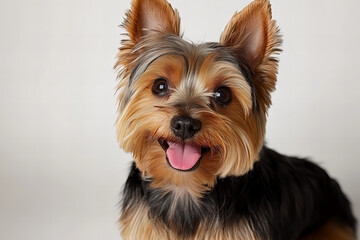 Fototapeta premium Adorable Yorkshire Terrier Puppy Lying on Back, Happy and Relaxed, Cute Small Dog with Fluffy Fur, Playful and Cheerful Expression, Isolated on White Background with Copy Space for Pet Products