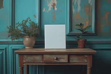 A stylish wooden table with potted plants and a blank canvas displayed against a textured wall