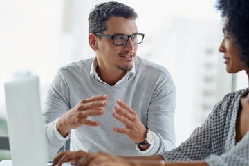 Discussion, teamwork and people with laptop, office and ideas for campaign, collaboration and...