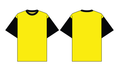 Yellow-Black Short Sleeve Oversize T-Shirt Design on White Background. Front and Back View, Vector File.