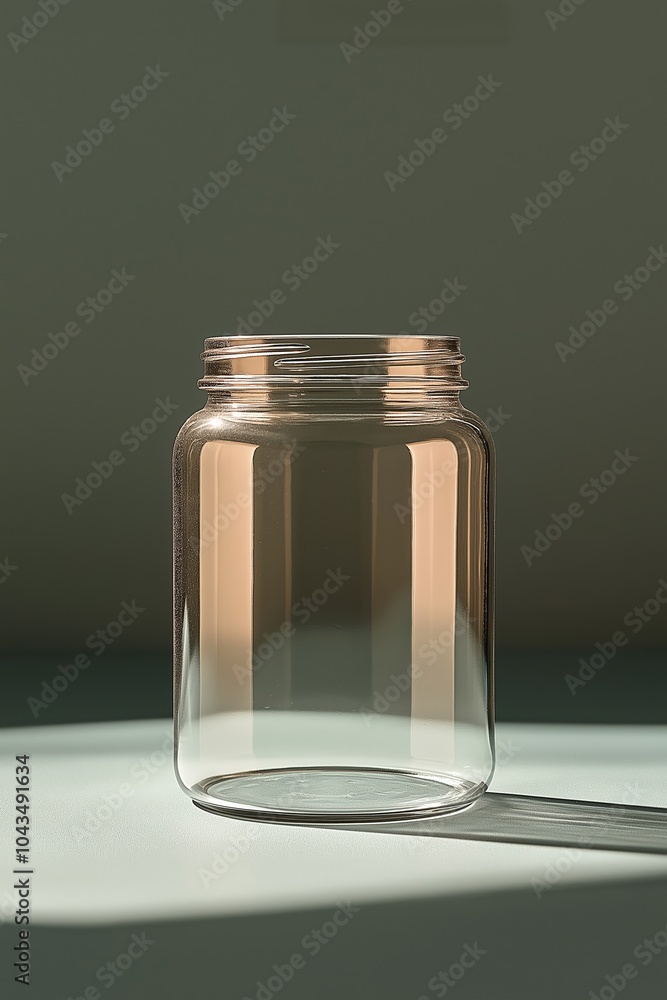 Poster clear glass jar standing on a table with soft light illuminating its surface in a minimalist setting