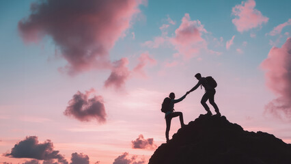 Two hikers climbing a mountain at sunset, one helping the other. Silhouette photography with warm sky background. Teamwork and outdoor adventure concept.