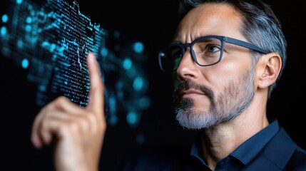 Innovative thinker engaged with digital data visualization in a modern workspace late at night