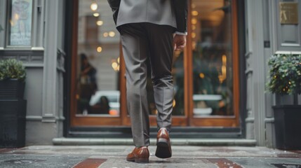 Fototapeta premium A dapper gentleman stands in front of an elegant storefront face turned away from the camera. tailored suit and polished shoes . .