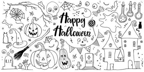 Big hand drawn Halloween set in doodle style with handwritten lettering. Pumpkins, haunted house, ghosts, tombstones, broomstick, witch's hat, black cat, candies, spiderweb. Spooky vector design.