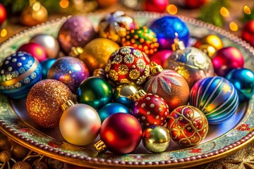 Aerial View of a Ceramic Plate Decorated with Colorful Christmas Baubles and Ornaments