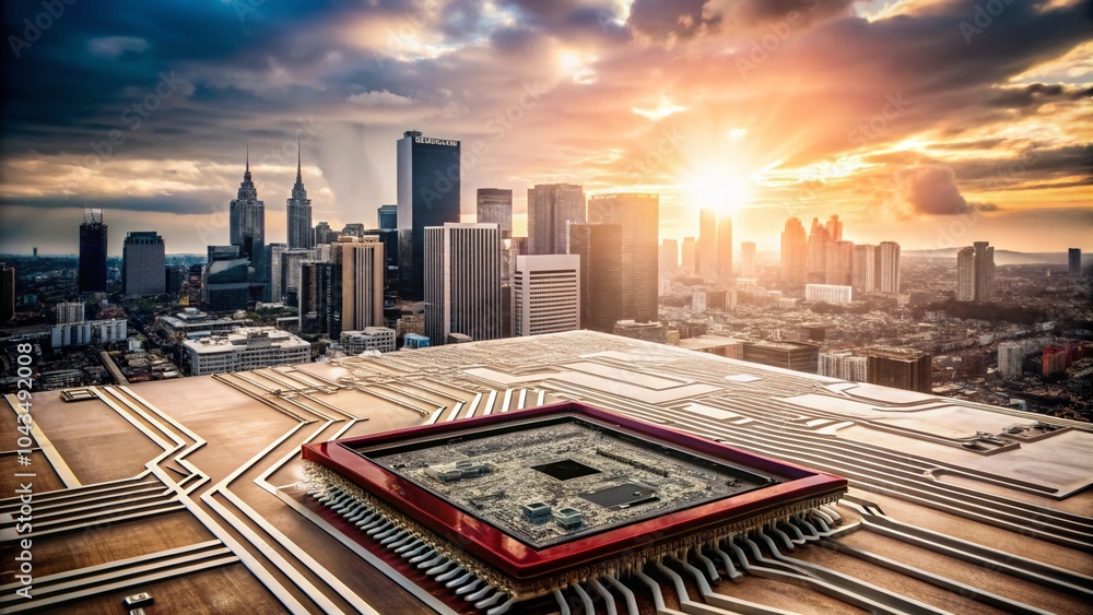 Poster aerial view of advanced ai microchip circuit board in a futuristic smart city setting