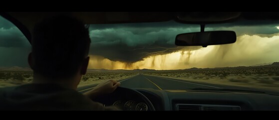 A driver views a dramatic stormy sky while on an empty road, capturing a sense of tension and impending weather.