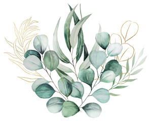 Bouquet with green and golden watercolor eucalyptus leaves, wedding illustration © katrinshine