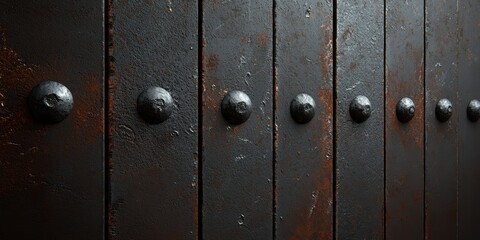 Fototapeta premium Close-up view of aged wooden doors with round black knobs, showcasing textures and rich history.