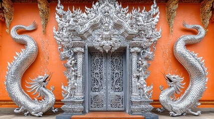 Obraz premium Intricate Silver Dragon Temple Entrance Design