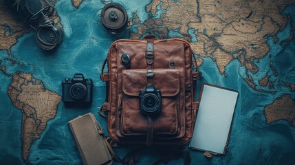 A leather backpack, a camera, a notebook, and a compass lie on top of a world map.
