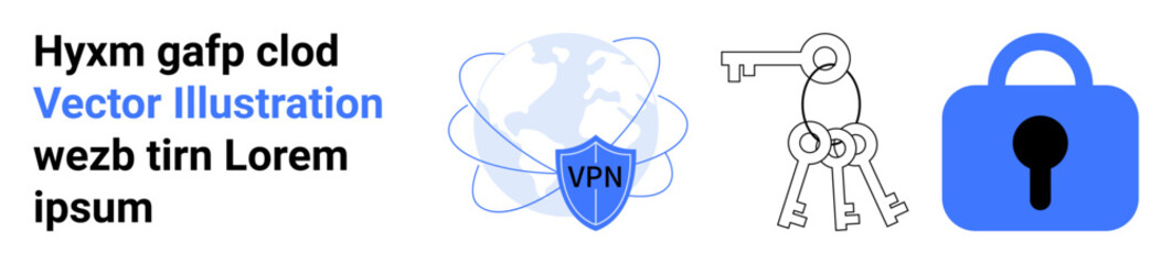 VPN shield with globe, set of three keys, and blue padlock ideal for online security themes protective measures privacy tech services cyber safety data protection and internet security. Banner