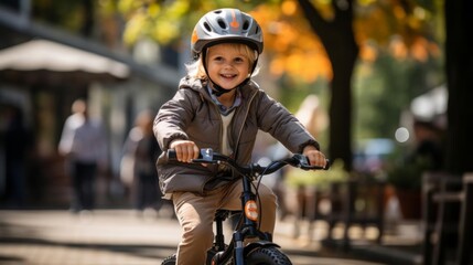Naklejka premium A young boy is riding a bike down a sidewalk