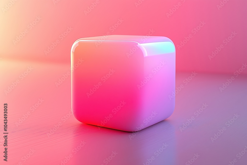 Poster a glossy pink cube on a smooth surface illuminated by soft light during a tranquil evening